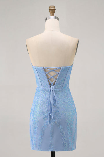 Blue Bodycon Strapless Beaded Cocktail Dress